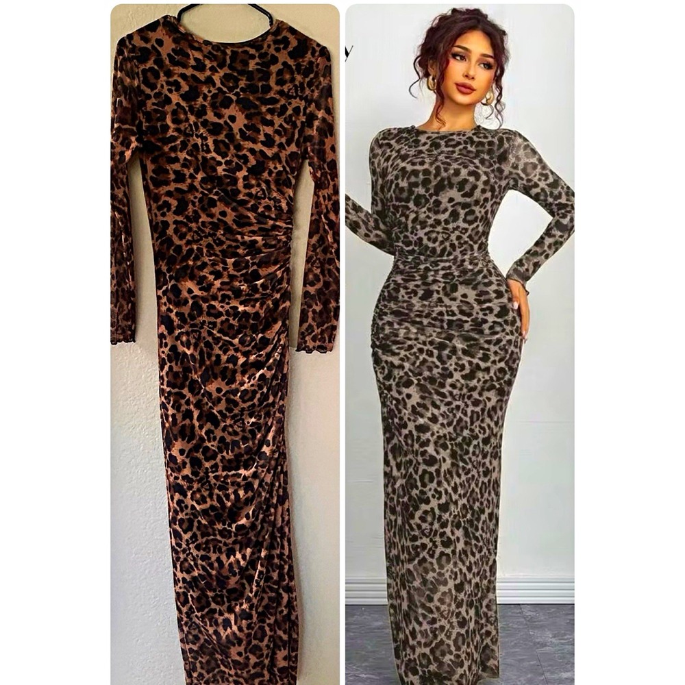 SHEIN Leopard Print Ruched Mesh Maxi Dress Brown/Black Long Sleeve Size S